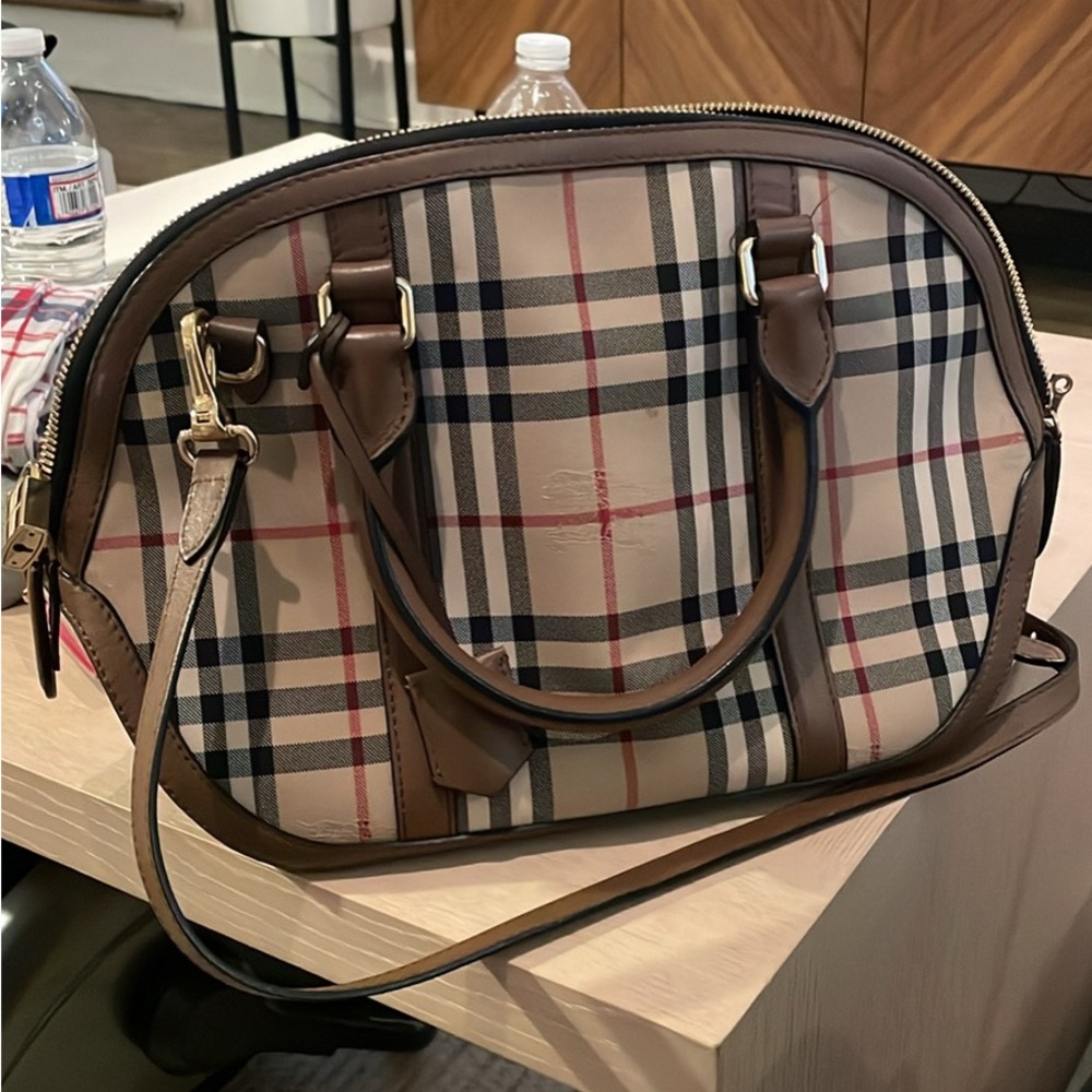 Burberry Cream and Brown Satchel with Plaid Pattern and Leather Trim